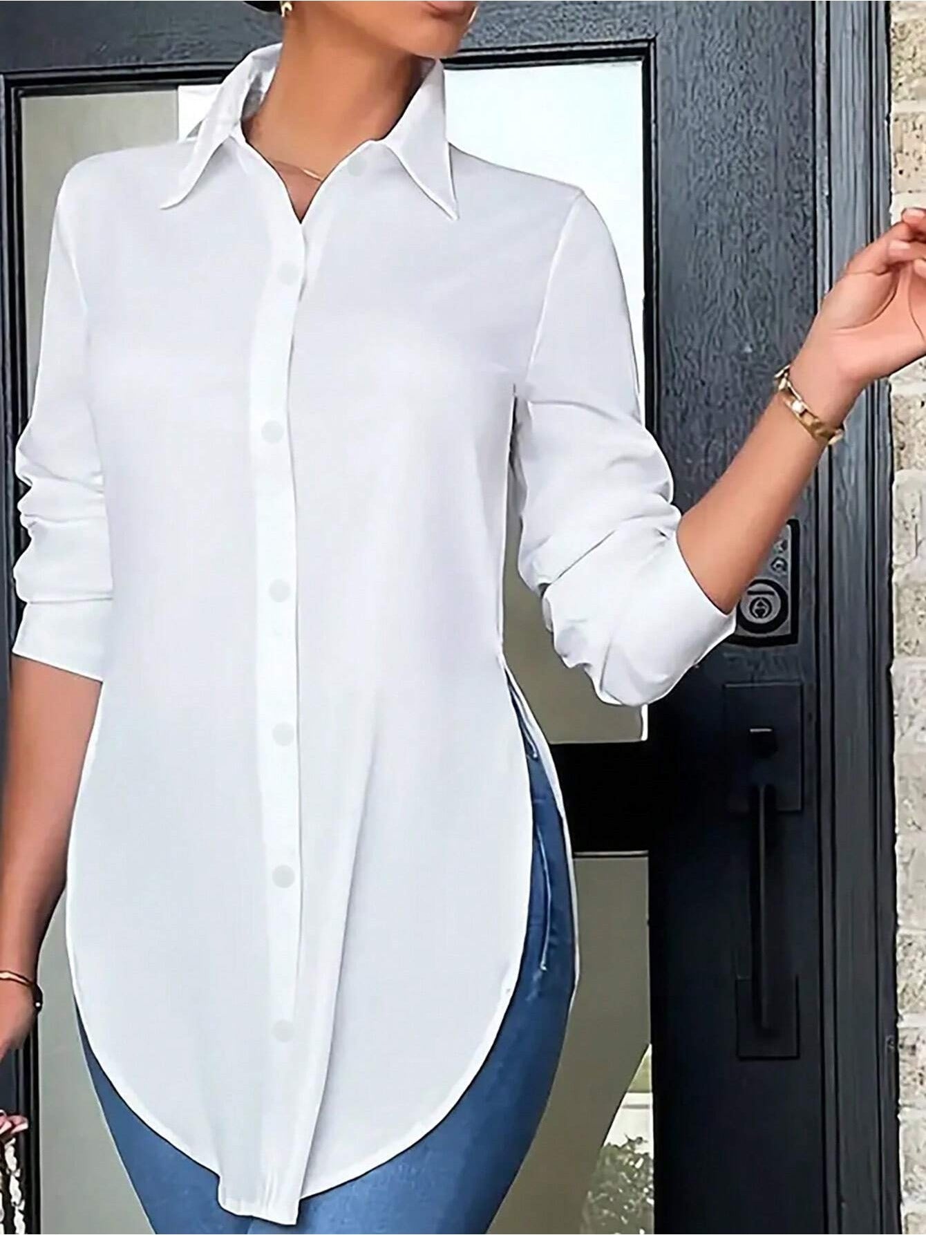 Women's Plus Size Long-Sleeve V-Neck Maxi Button-Down Shirt - Casual Side-Slit Blouse